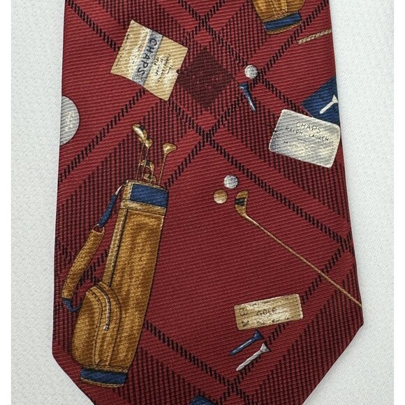 Cravatteria Reale Red Silk Golf-Themed Tie Plaid Chaps Made In Italy 4" - Picture 3 of 8